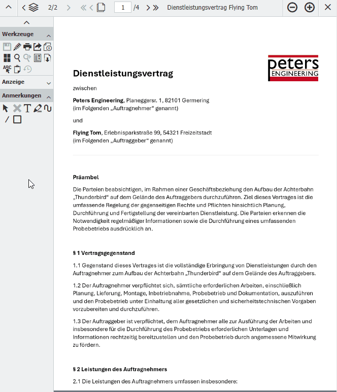 Volltextsuche im Vertrag